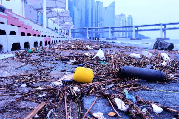 Plastic pollution appears at a beach in Busan, South Korea